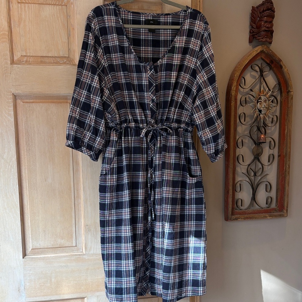 Ellos Blue and Pink Plaid Tie Waist Flannel Dress Size 2X